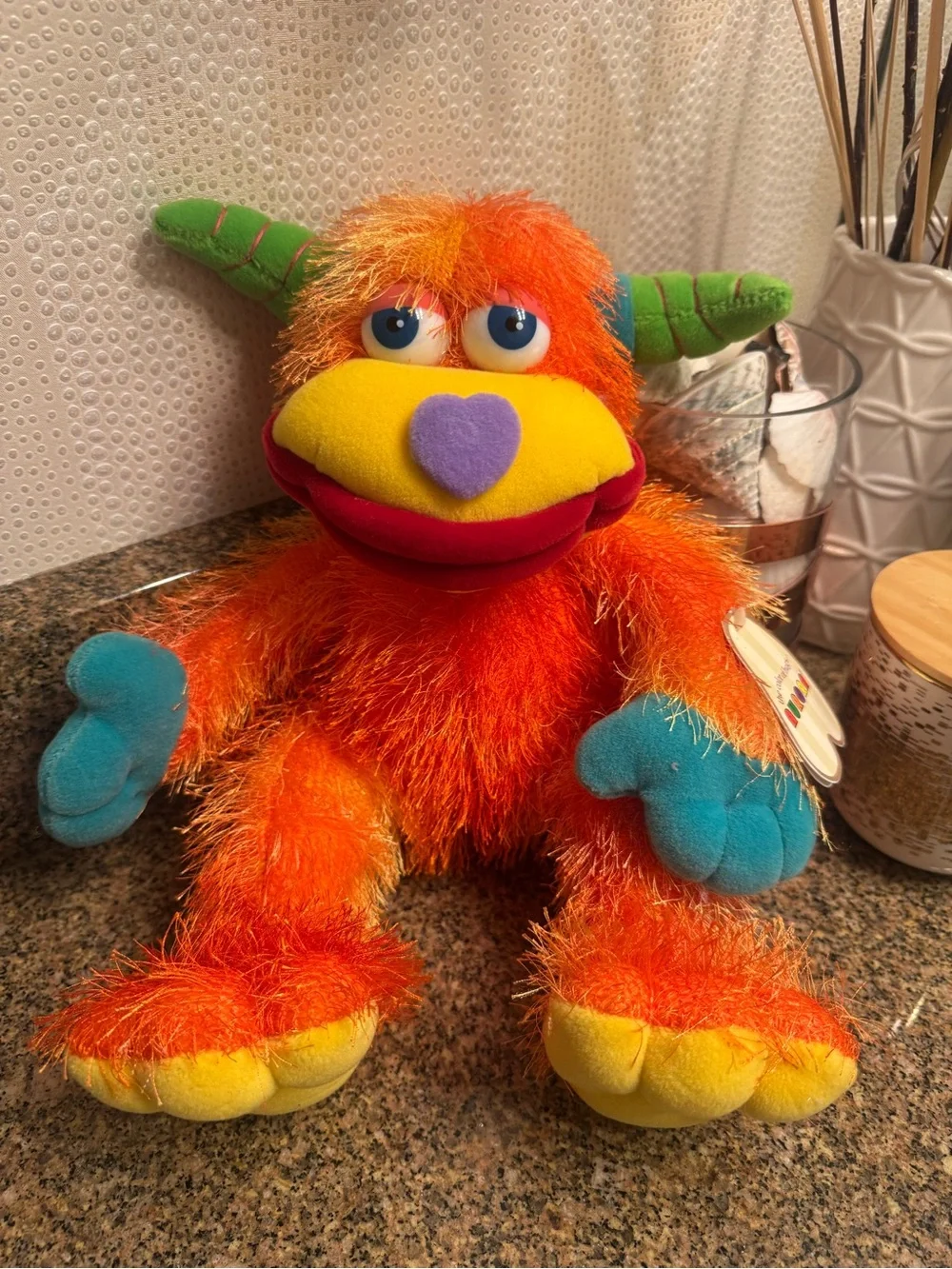 Zonk Colorful Orange Plush Monster Toy with‎ Green Horns and Blue Hands NWT